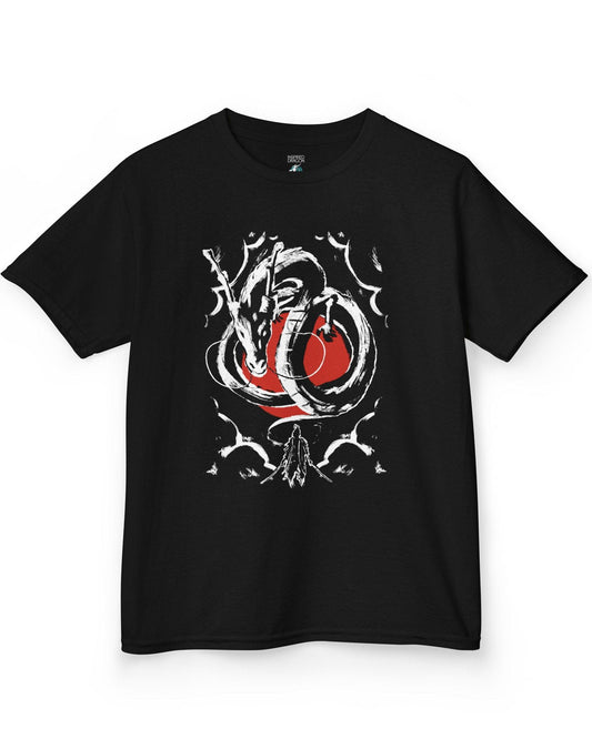 Honor and Resolve shirt in black featuring a bold ink-style dragon above a warrior with a red sun backdrop