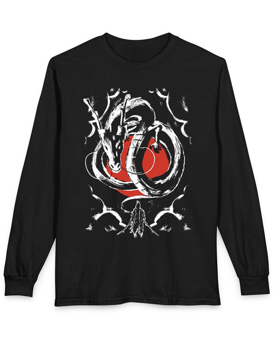 Honor and Resolve shirt in black featuring a bold ink-style dragon above a warrior with a red sun backdrop