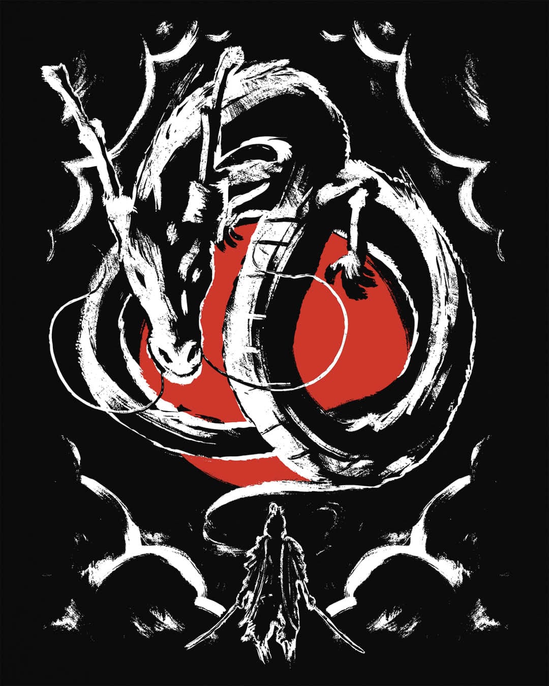 Honor and Resolve shirt in black, featuring a bold ink-style dragon above a warrior with a red sun backdrop.