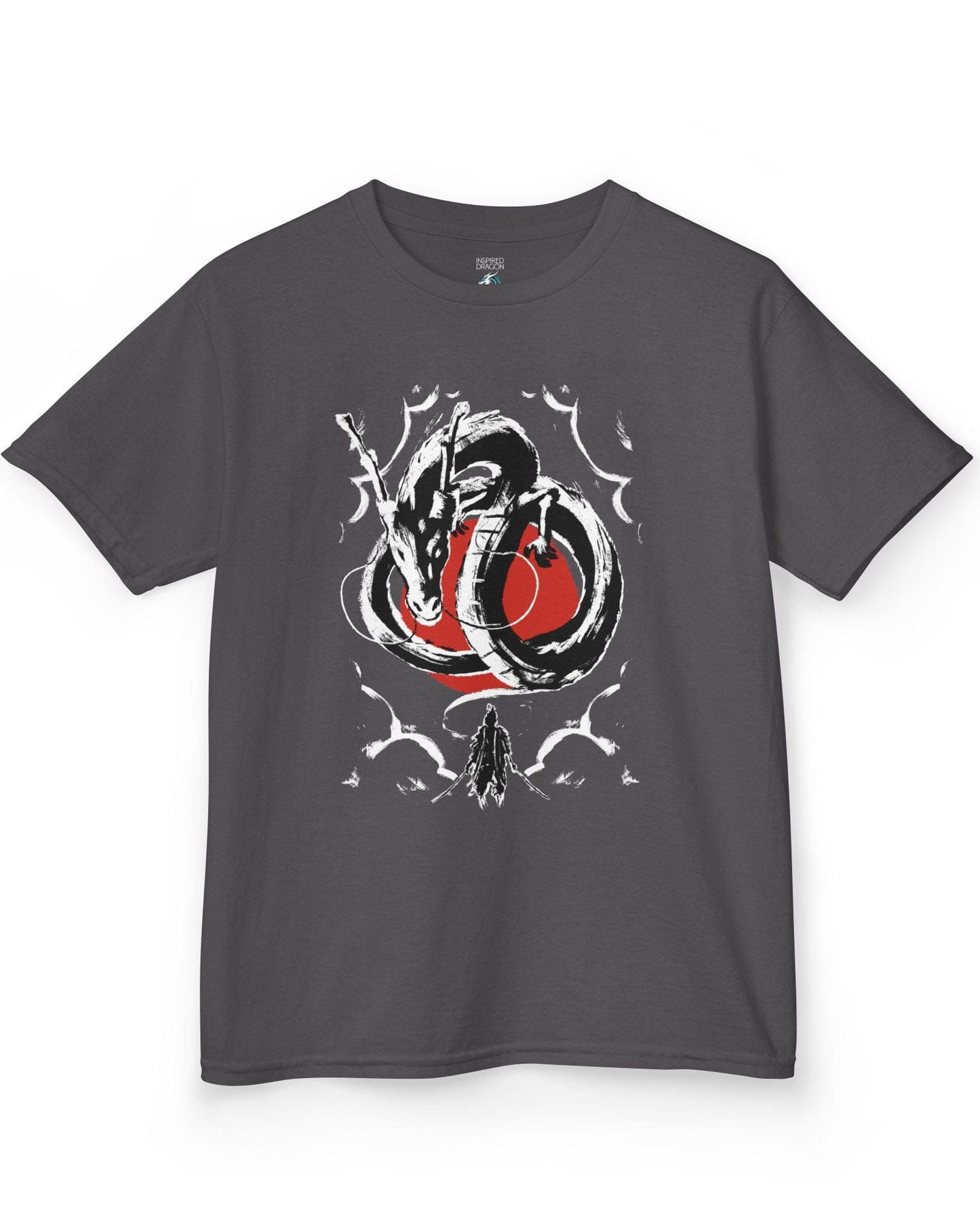 Honor and Resolve shirt in charcoal featuring a bold ink-style dragon above a warrior with a red sun backdrop