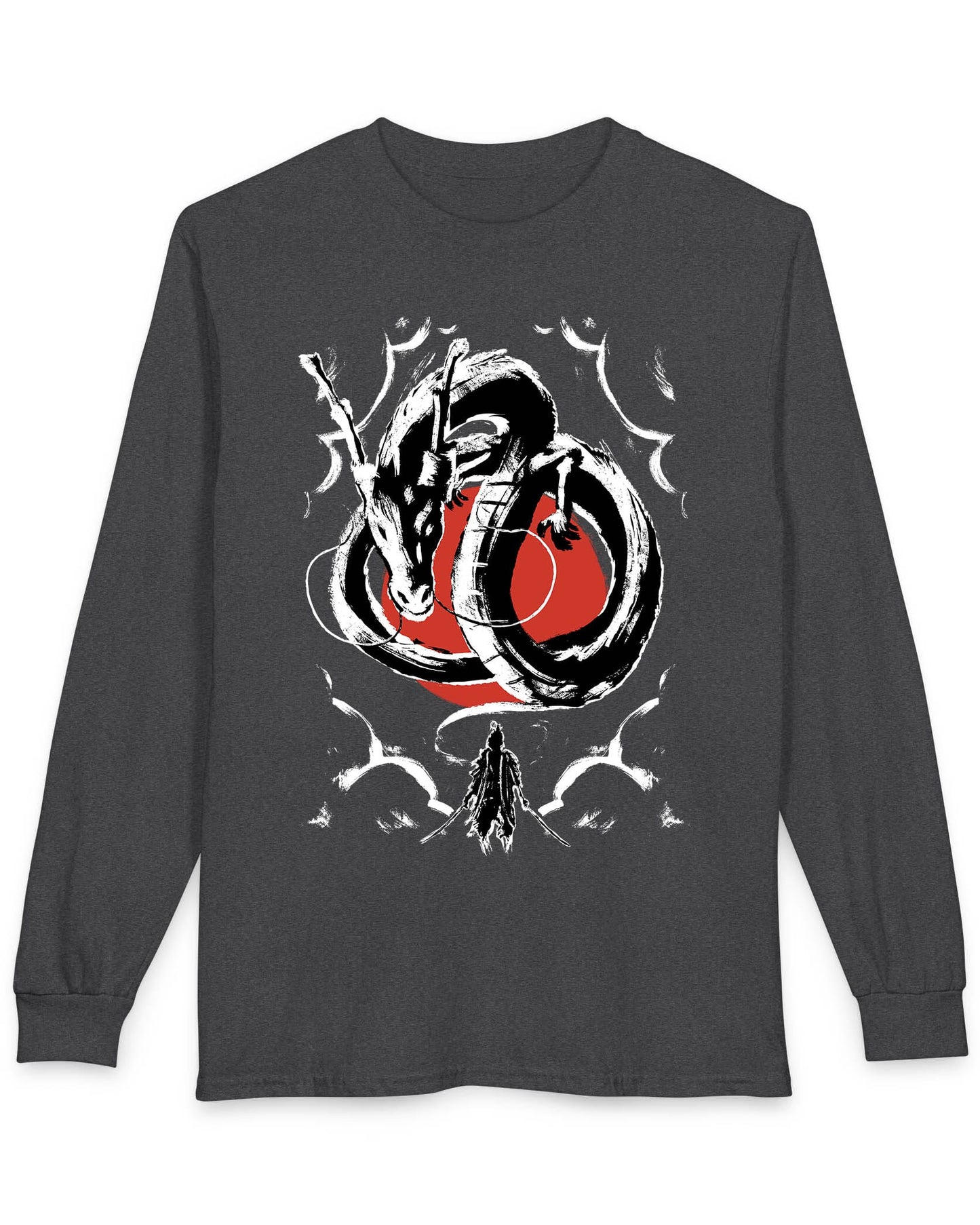 Honor and Resolve shirt in dark heather featuring a bold ink-style dragon above a warrior with a red sun backdrop