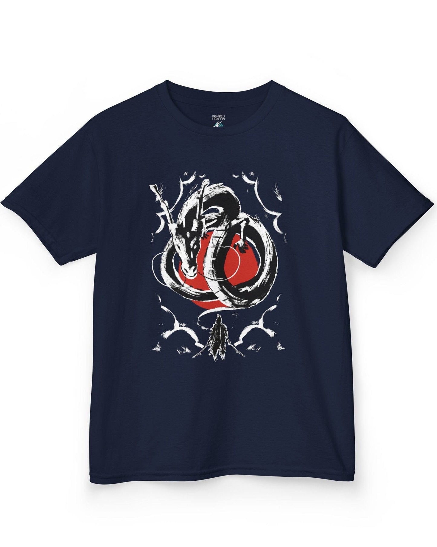 Honor and Resolve shirt in navy featuring a bold ink-style dragon above a warrior with a red sun backdrop