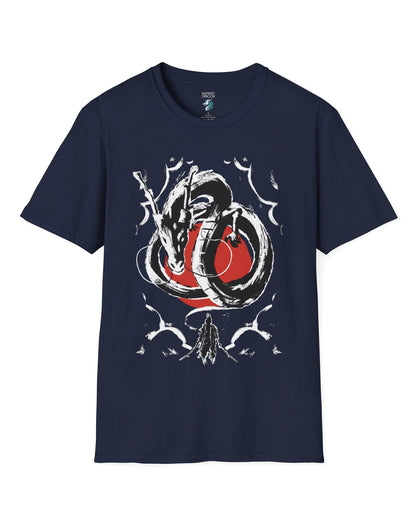 Honor and Resolve shirt in navy, featuring a bold ink-style dragon above a warrior with a red sun backdrop.

