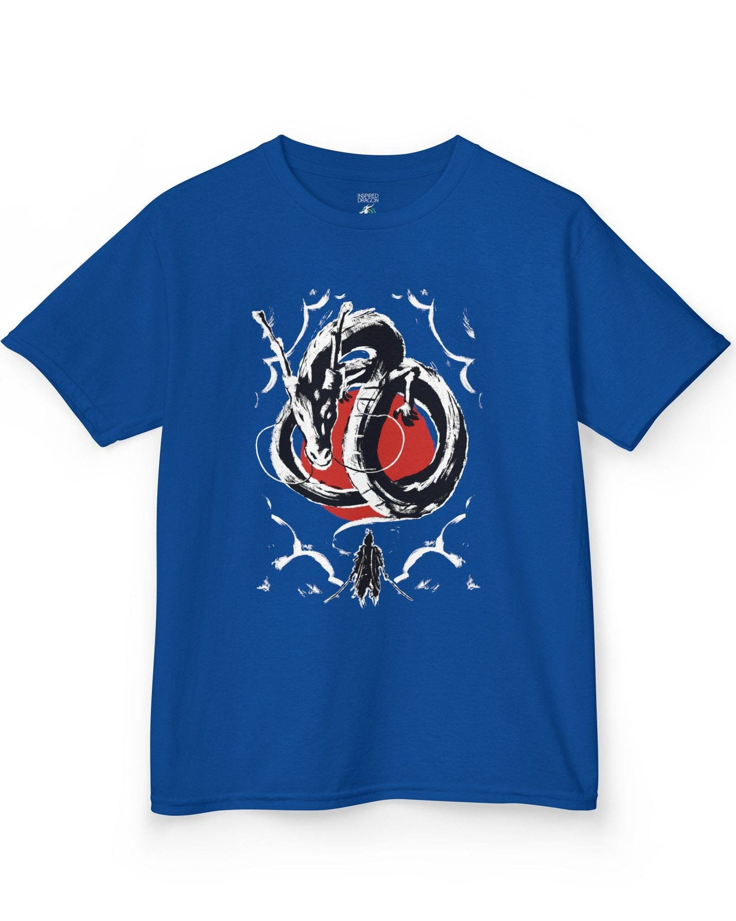 Honor and Resolve shirt in royal blue featuring a bold ink-style dragon above a warrior with a red sun backdrop
