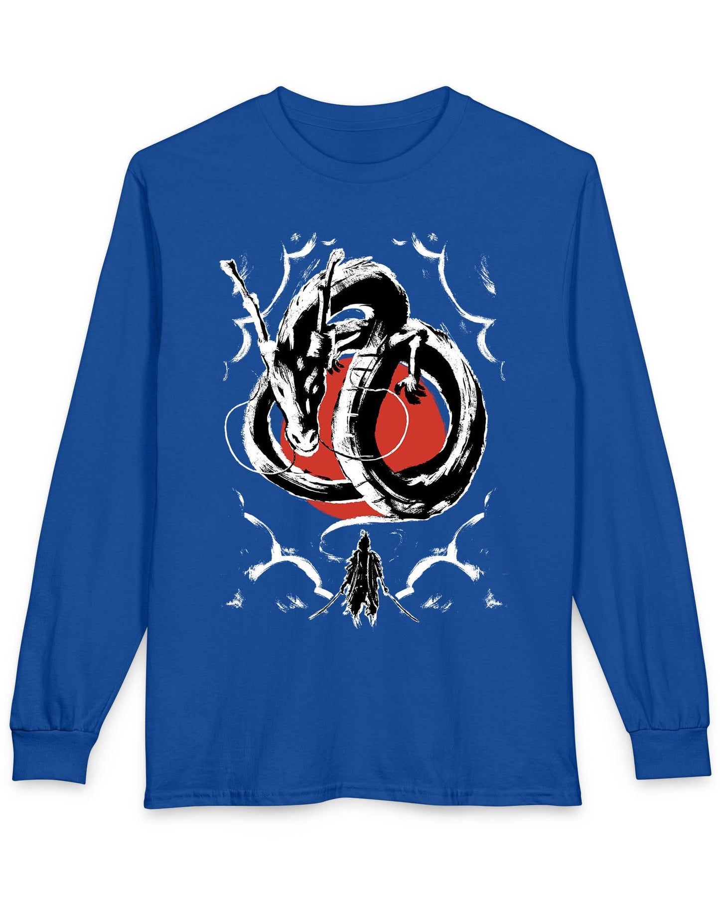 Honor and Resolve shirt in royal blue featuring a bold ink-style dragon above a warrior with a red sun backdrop