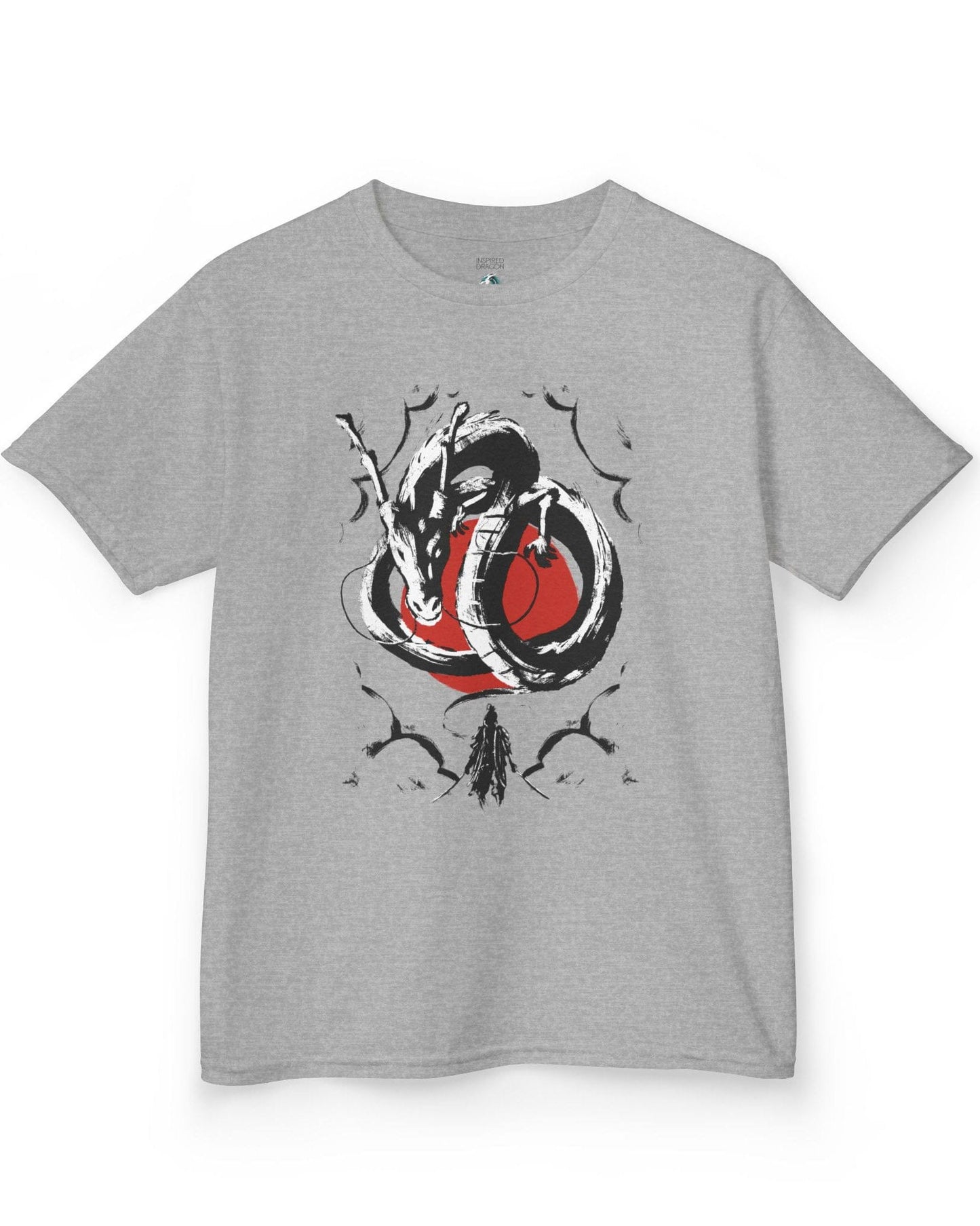 Honor and Resolve shirt in sport grey featuring a bold ink-style dragon above a warrior with a red sun backdrop