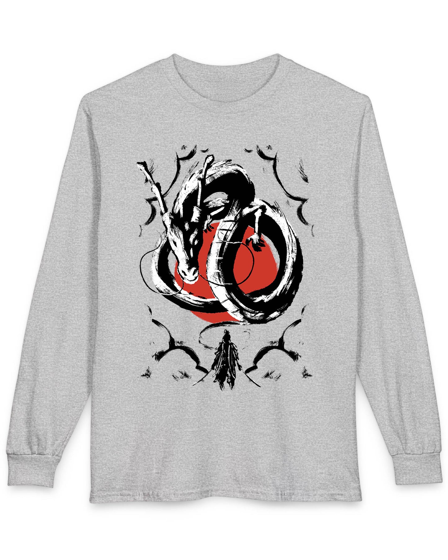 Honor and Resolve shirt in sport grey featuring a bold ink-style dragon above a warrior with a red sun backdrop