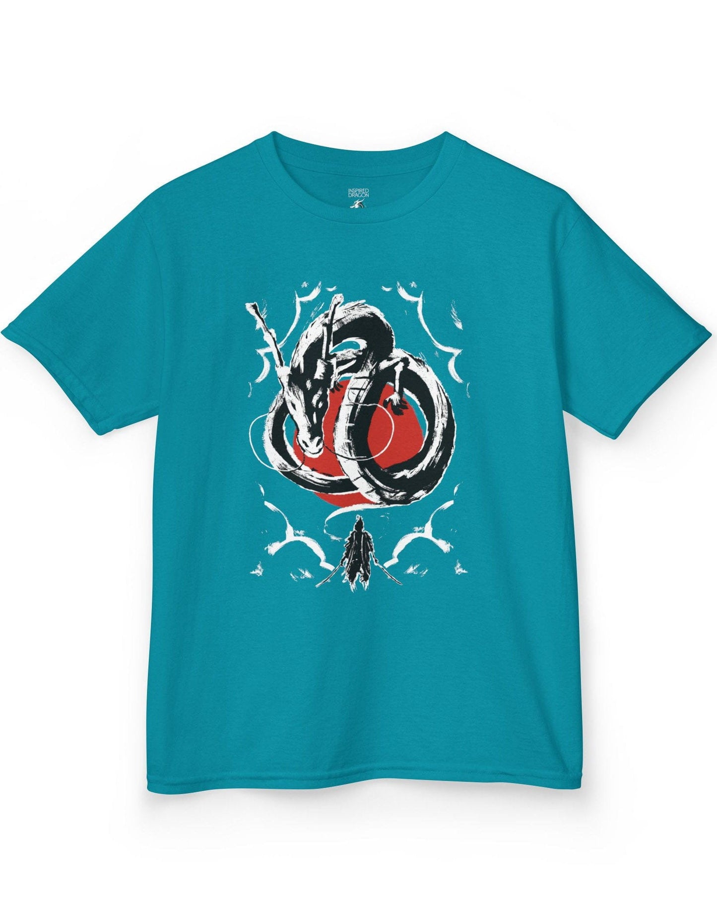 Honor and Resolve shirt in tropical blue featuring a bold ink-style dragon above a warrior with a red sun backdrop