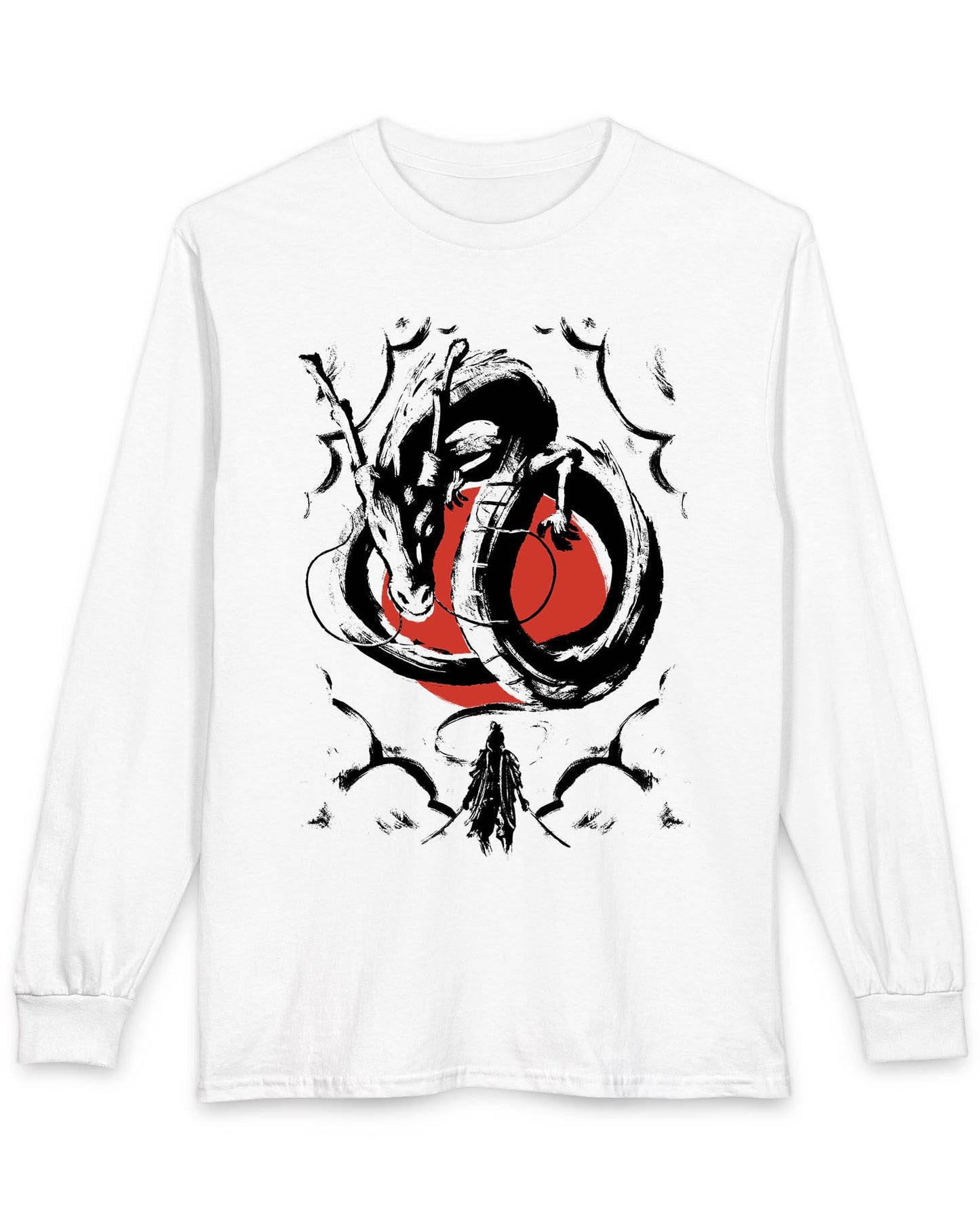 Honor and Resolve shirt in white featuring a bold ink-style dragon above a warrior with a red sun backdrop