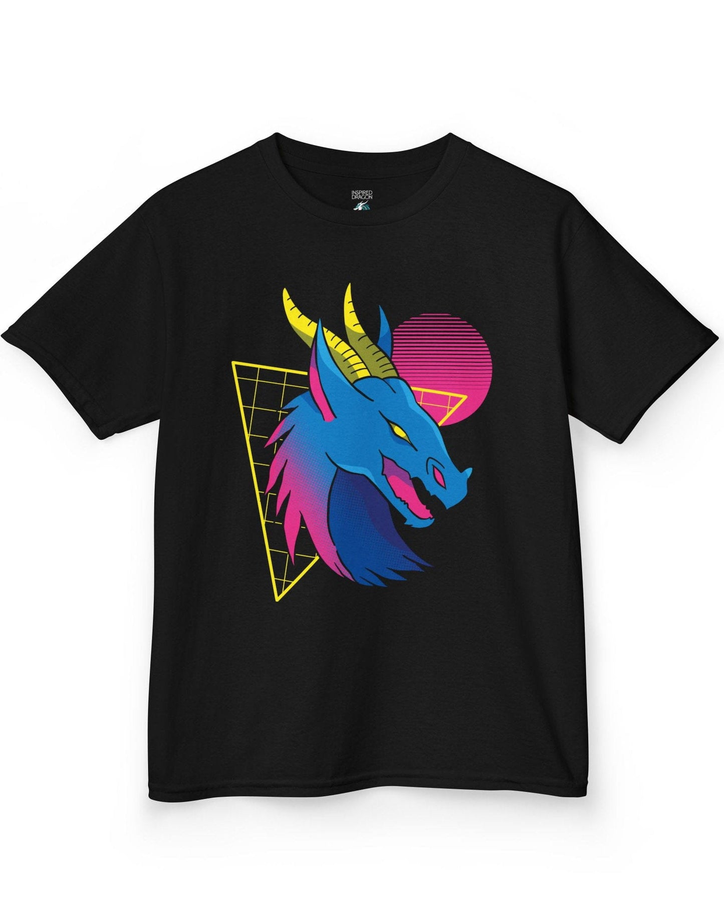 Vaporwave Dreams shirt in black featuring a vibrant blue dragon head with neon pink and yellow accents