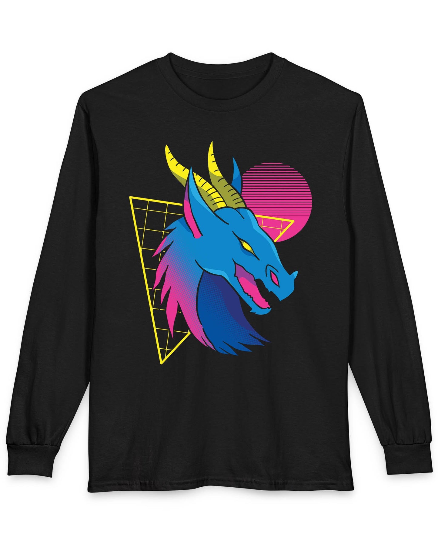 Vaporwave Dreams shirt in black featuring a vibrant blue dragon head with neon pink and yellow accents