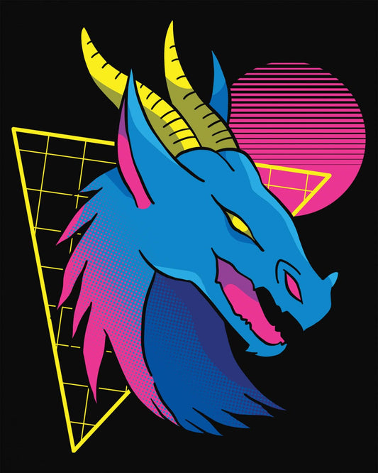Vaporwave Dreams shirt in black, featuring a vibrant blue dragon head with neon pink and yellow accents.