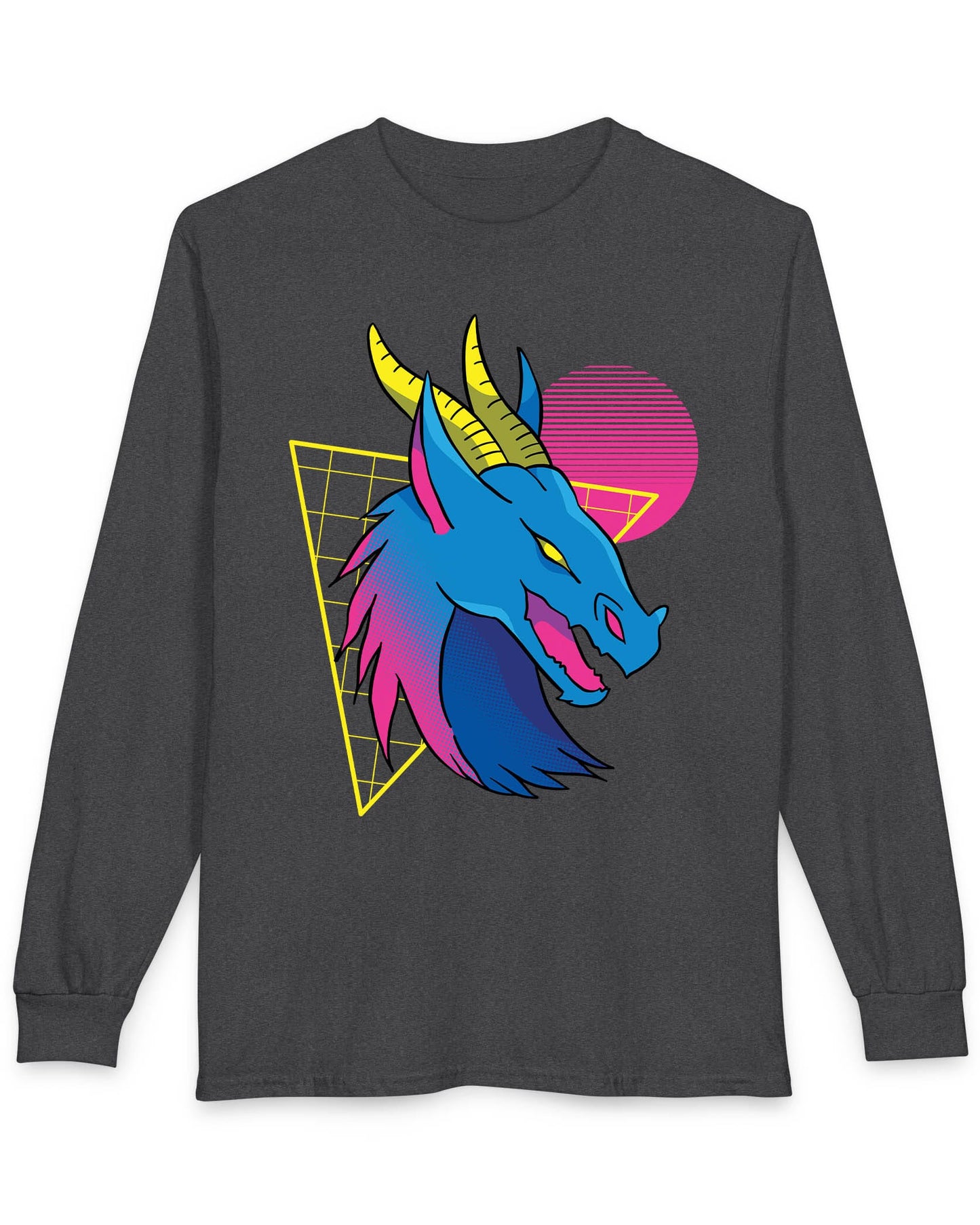 Vaporwave Dreams shirt in dark heather featuring a vibrant blue dragon head with neon pink and yellow accents