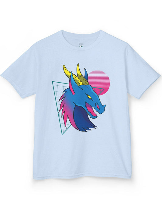 Vaporwave Dreams shirt in light blue featuring a vibrant blue dragon head with neon pink and yellow accents