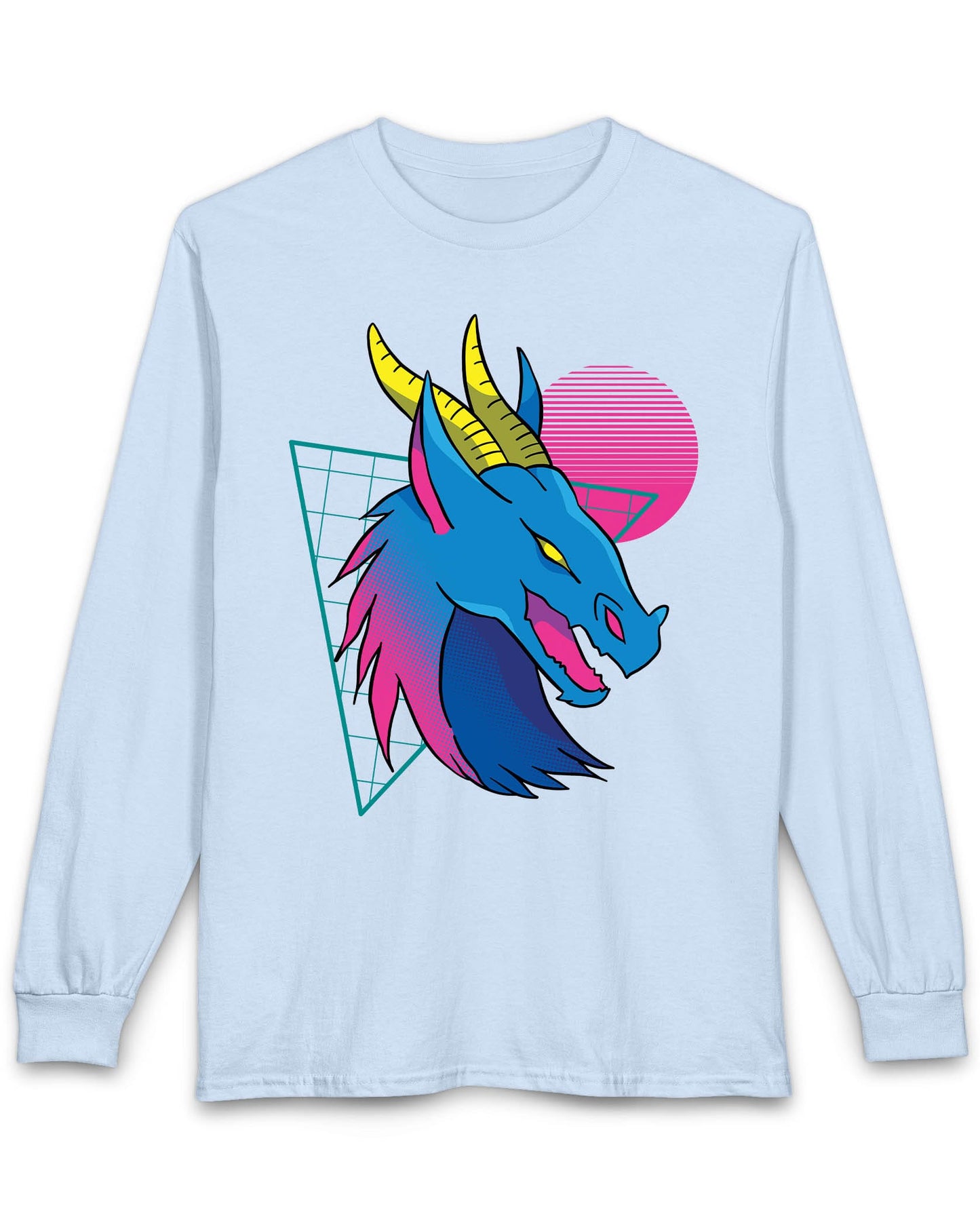 Vaporwave Dreams shirt in light blue featuring a vibrant blue dragon head with neon pink and yellow accents