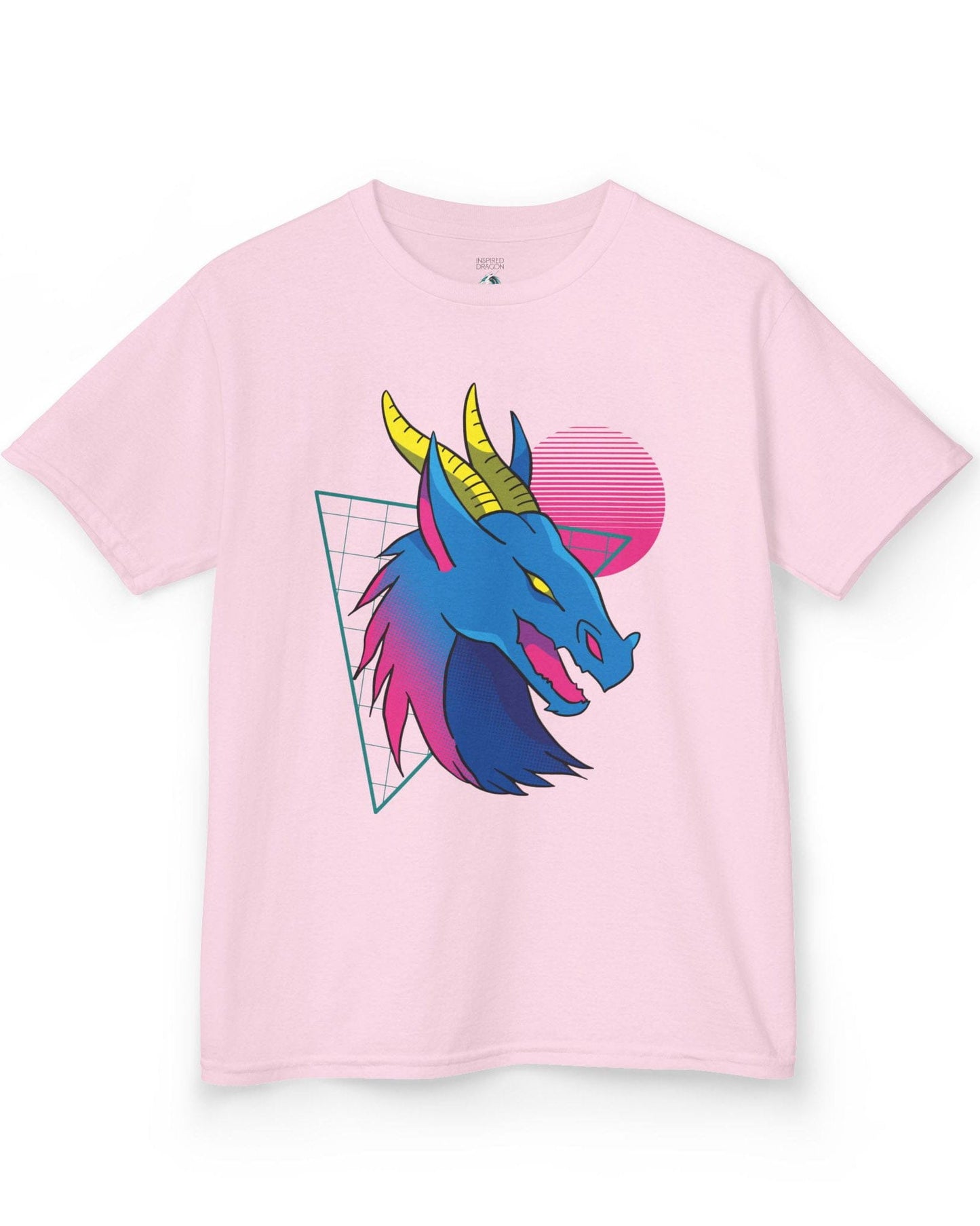 Vaporwave Dreams shirt in light pink featuring a vibrant blue dragon head with neon pink and yellow accents