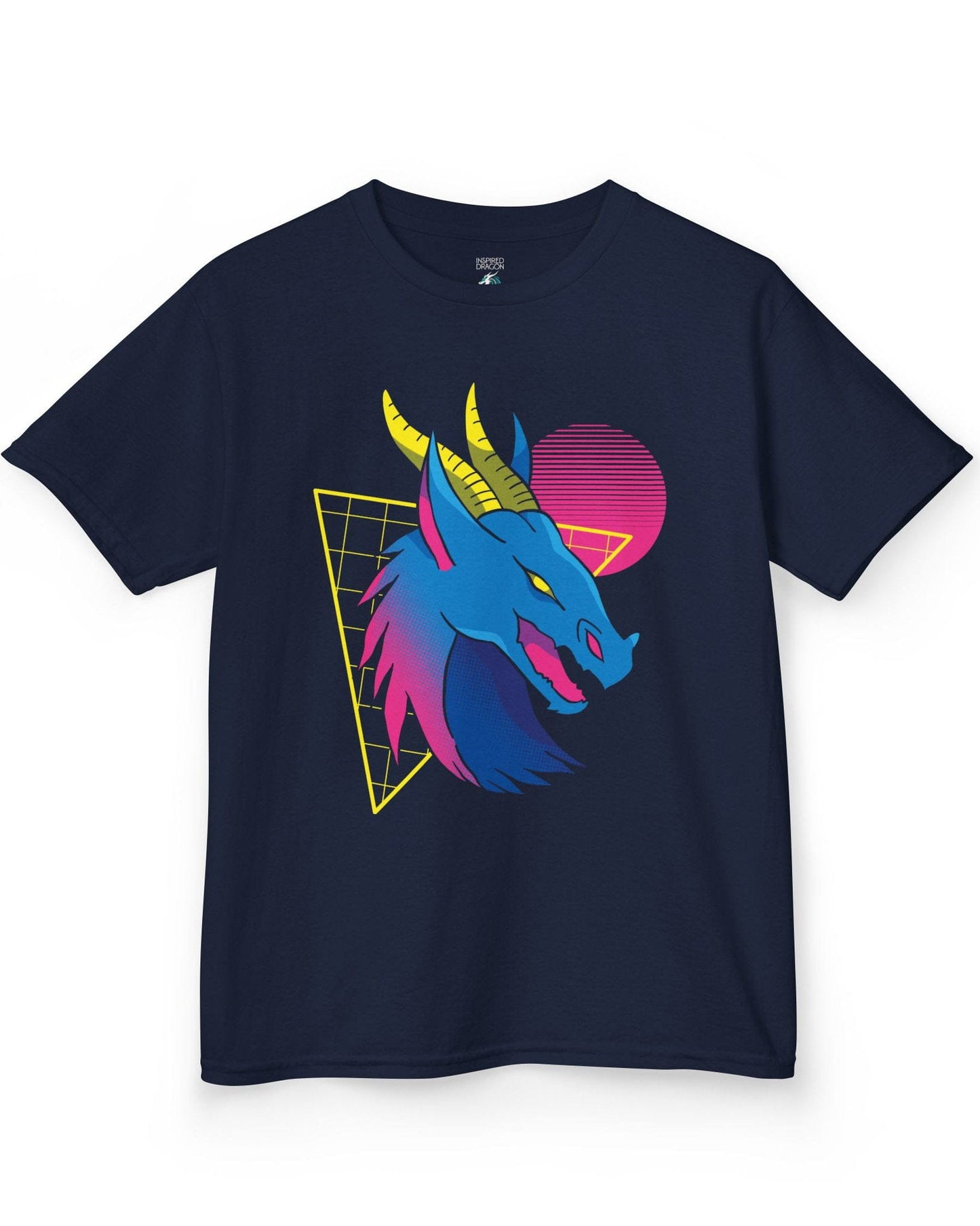 Vaporwave Dreams shirt in navy featuring a vibrant blue dragon head with neon pink and yellow accents