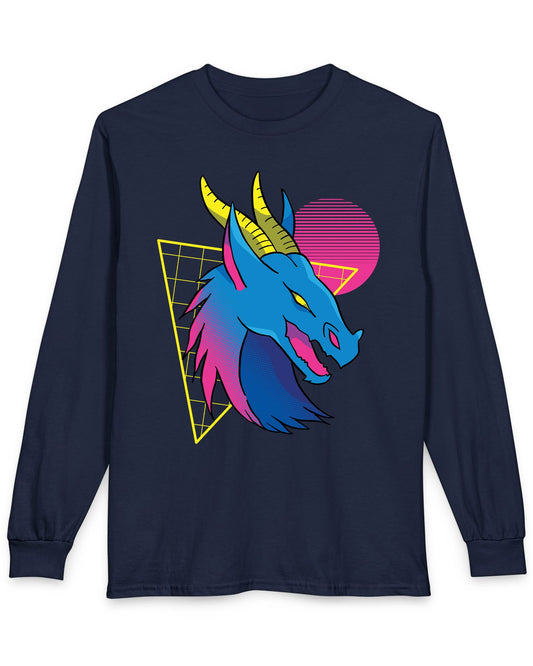 Vaporwave Dreams shirt in navy featuring a vibrant blue dragon head with neon pink and yellow accents