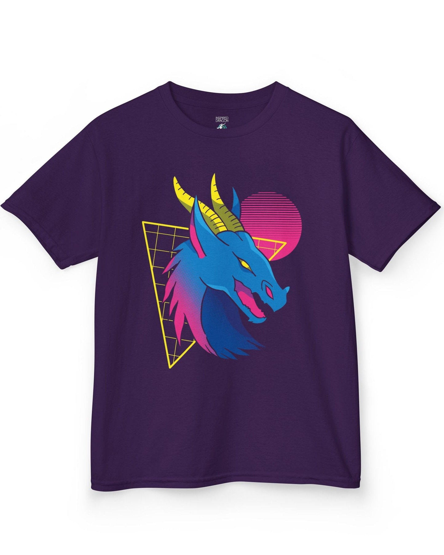 Vaporwave Dreams shirt in purple featuring a vibrant blue dragon head with neon pink and yellow accents