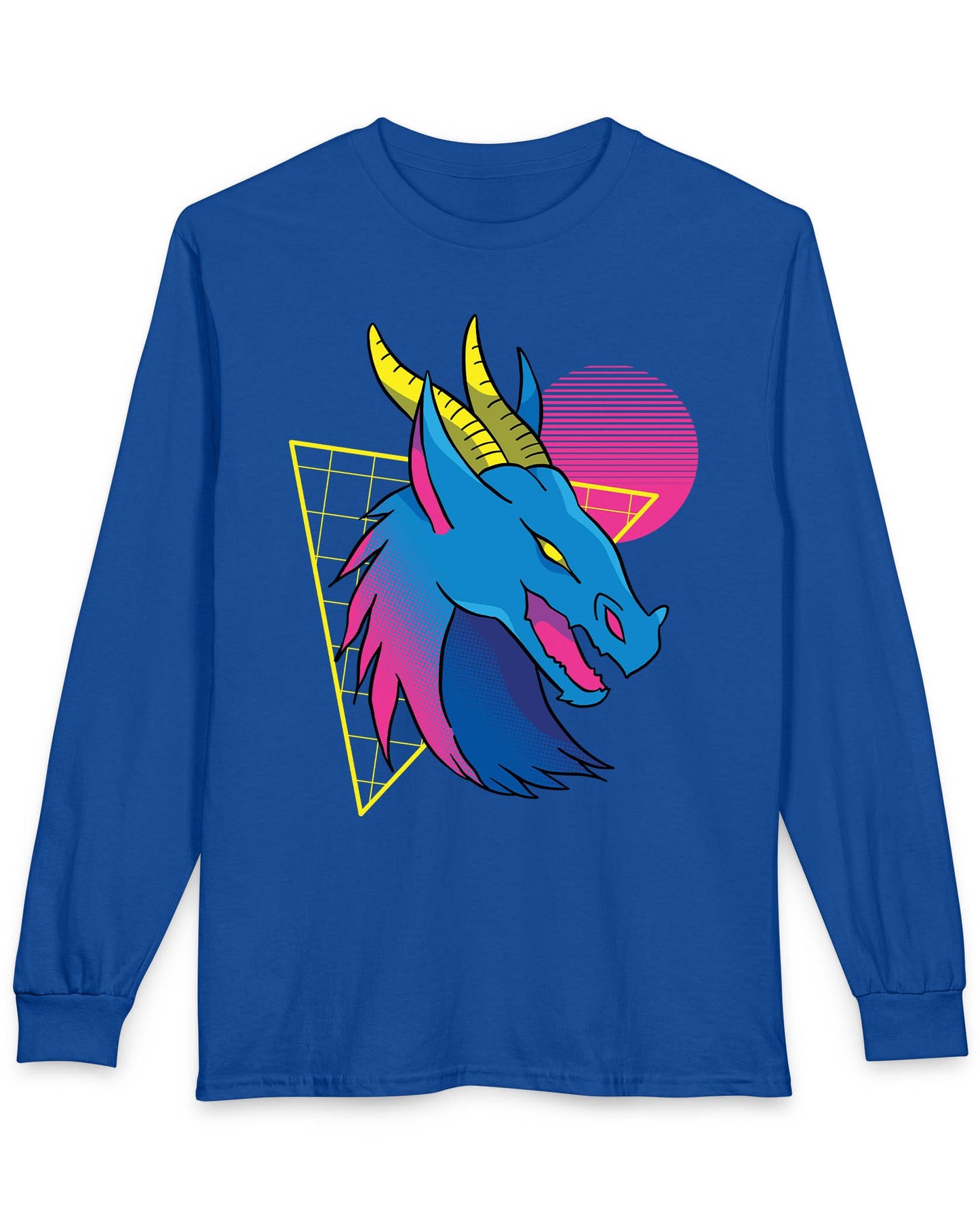 Vaporwave Dreams shirt in royal blue featuring a vibrant blue dragon head with neon pink and yellow accents