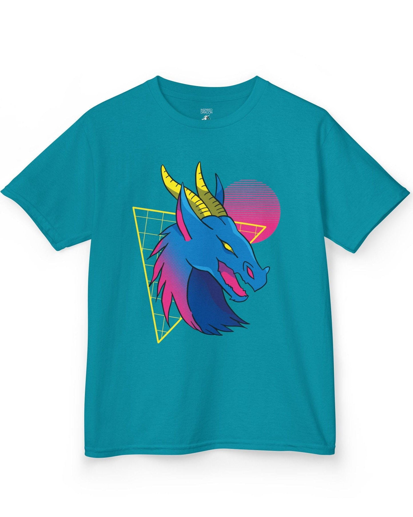 Vaporwave Dreams shirt in tropical blue featuring a vibrant blue dragon head with neon pink and yellow accents