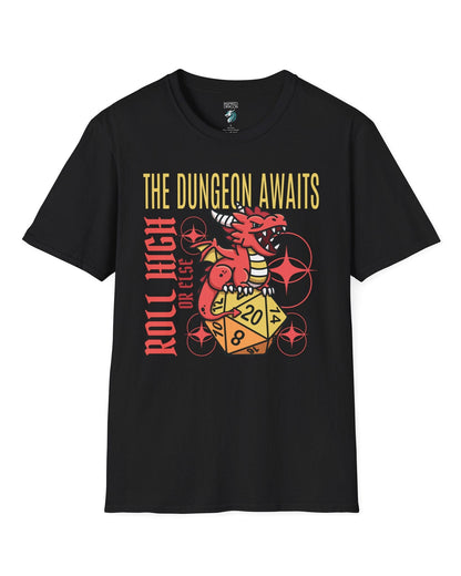 The Dungeon Awaits shirt in black featuring a red dragon perched on a d20 die with the phrase Roll High or Else.

