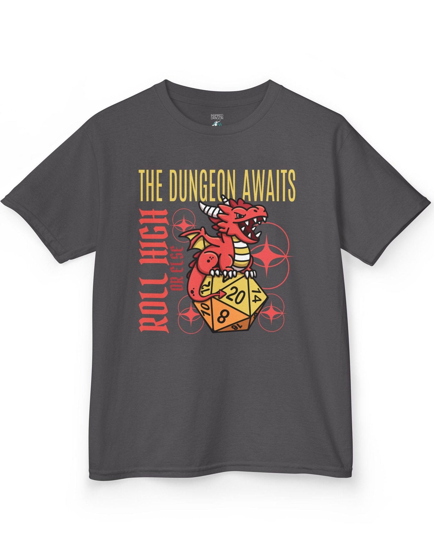 The Dungeon Awaits shirt in charcoal featuring a red dragon perched on a d20 die with the phrase Roll High or Else