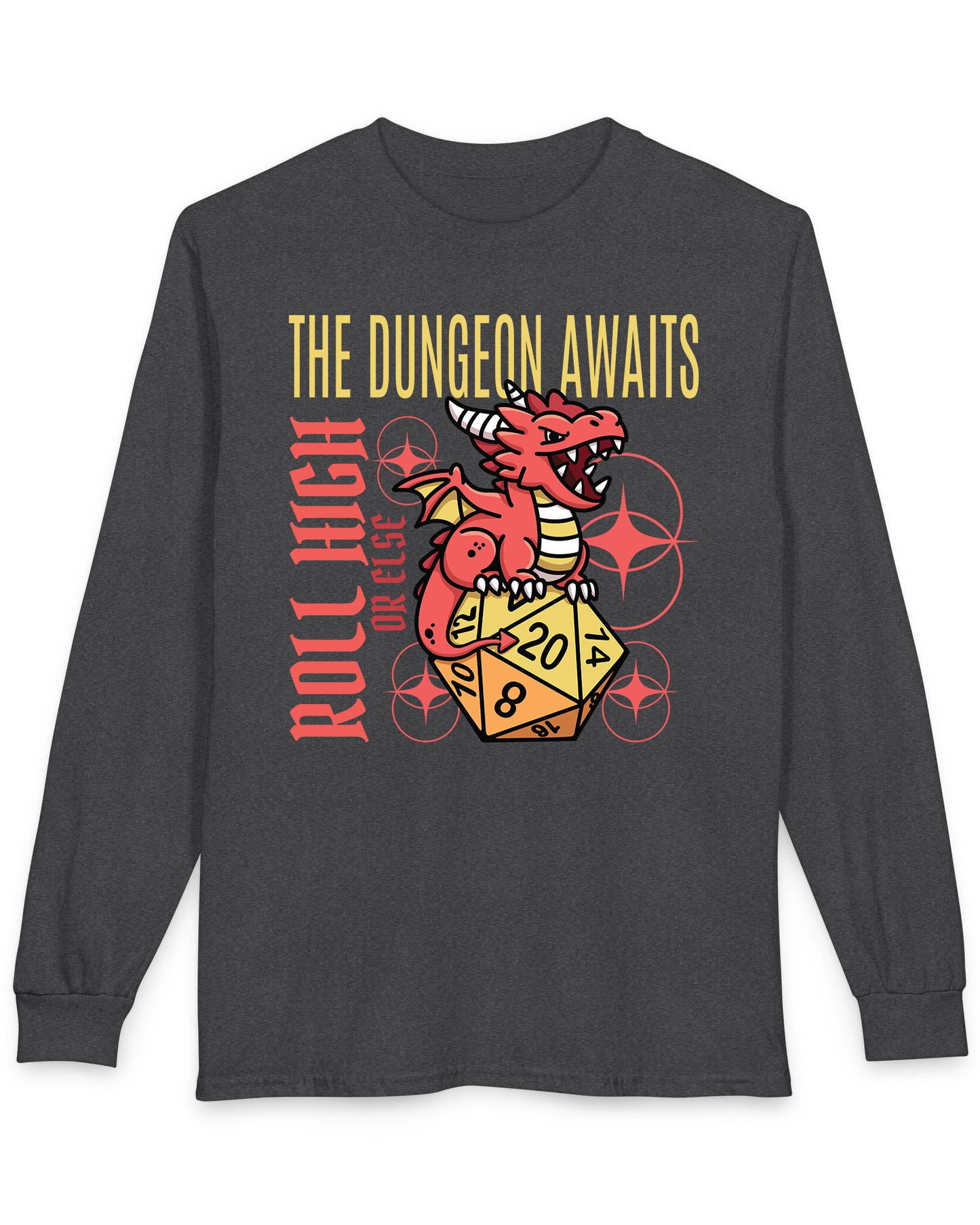 The Dungeon Awaits shirt in dark heather featuring a red dragon perched on a d20 die with the phrase Roll High or Else