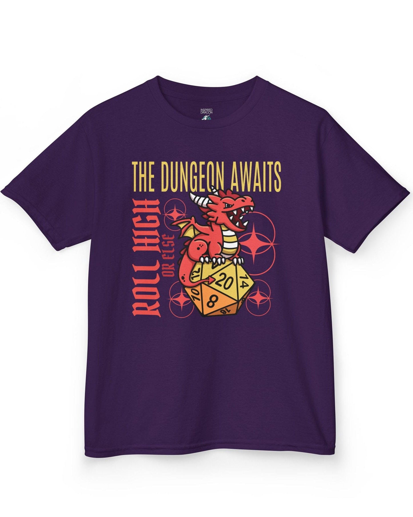 The Dungeon Awaits shirt in purple featuring a red dragon perched on a d20 die with the phrase Roll High or Else