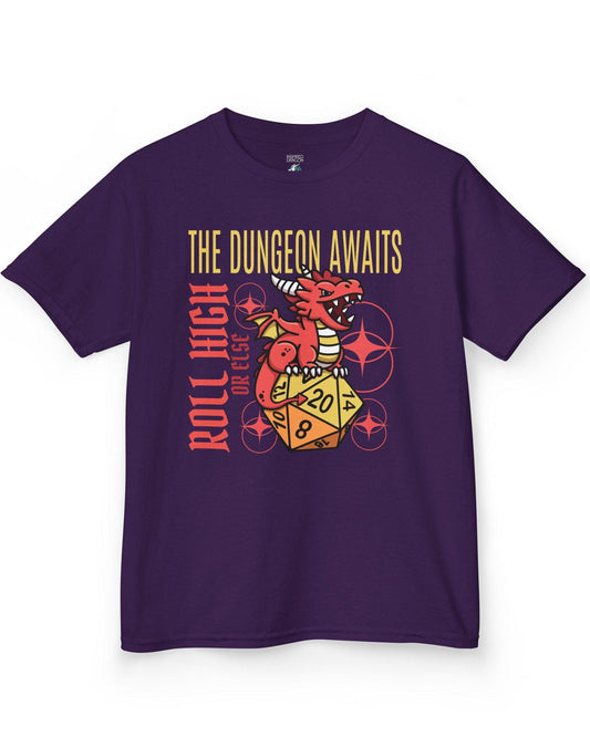 The Dungeon Awaits shirt in purple featuring a red dragon perched on a d20 die with the phrase Roll High or Else