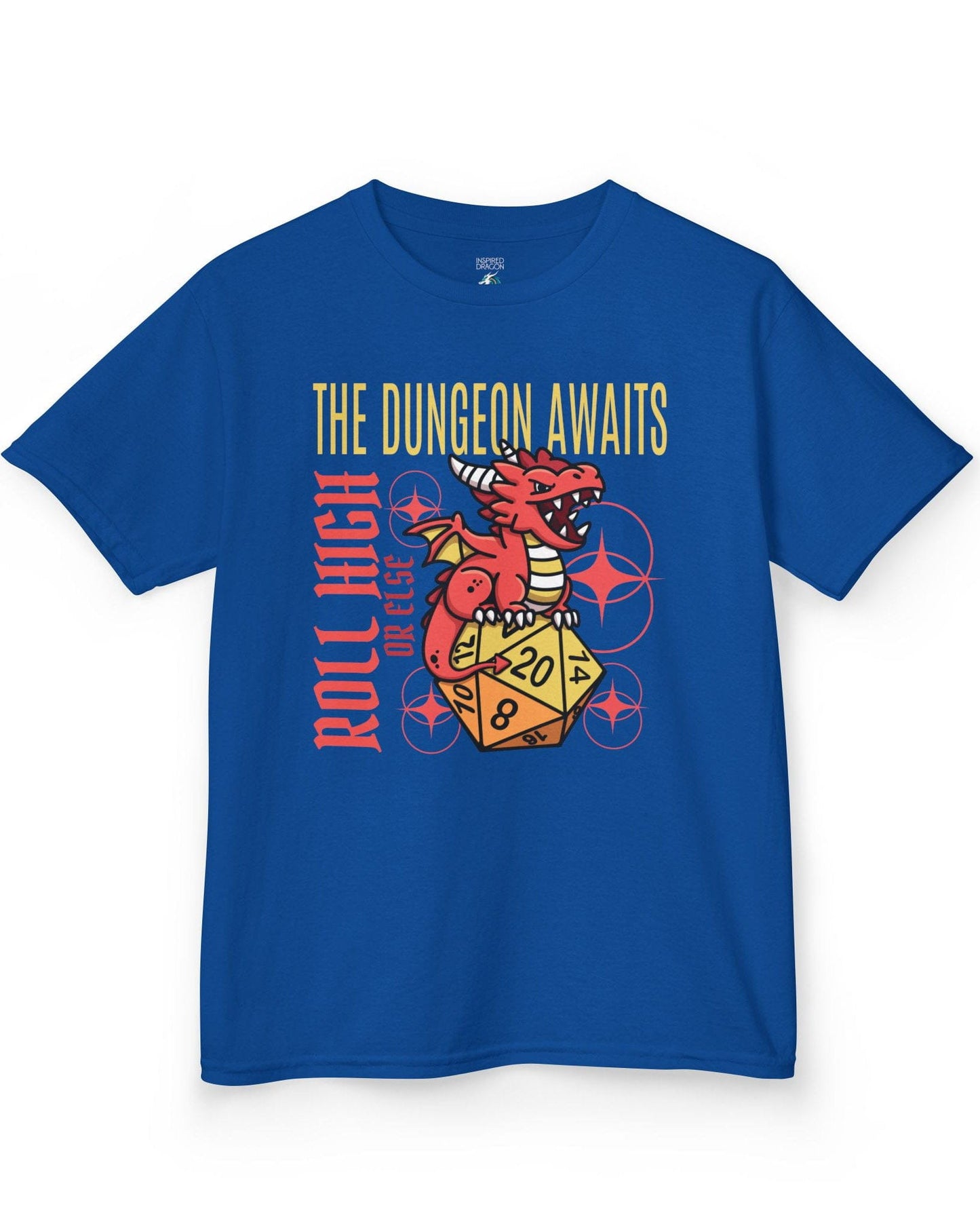 The Dungeon Awaits shirt in royal blue featuring a red dragon perched on a d20 die with the phrase Roll High or Else