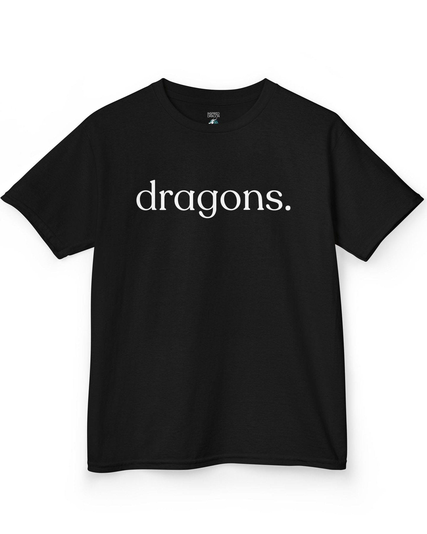 “dragons.” shirt in black featuring minimalist lowercase text with a period in a clean serif font