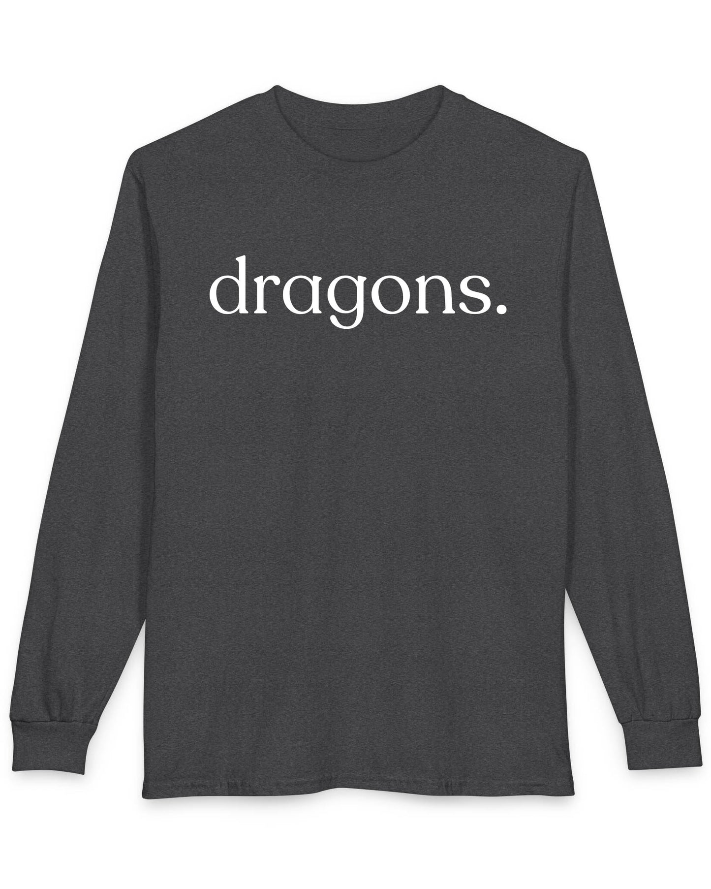 “dragons.” shirt in dark heather featuring minimalist lowercase text with a period in a clean serif font