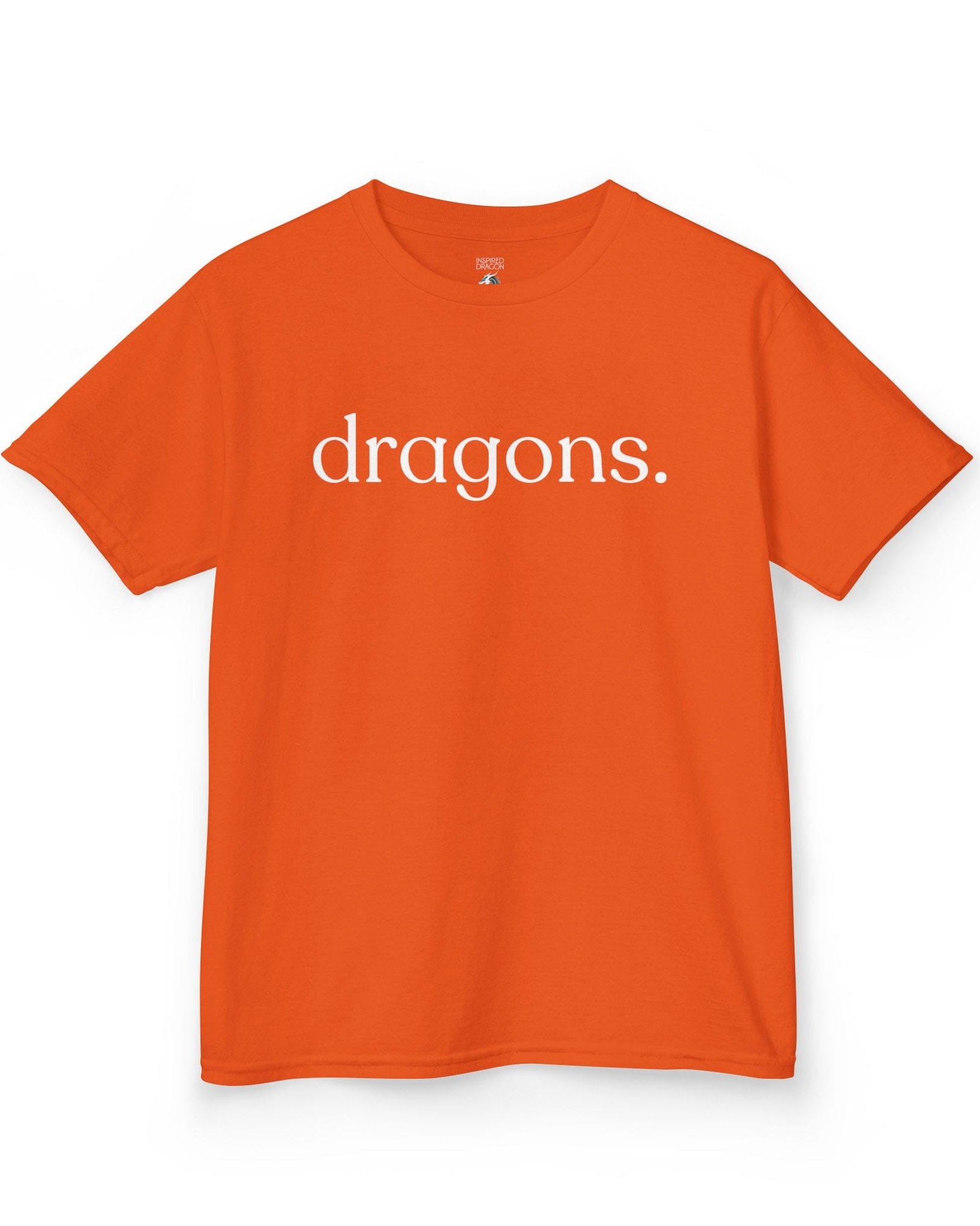 “dragons.” shirt in orange featuring minimalist lowercase text with a period in a clean serif font