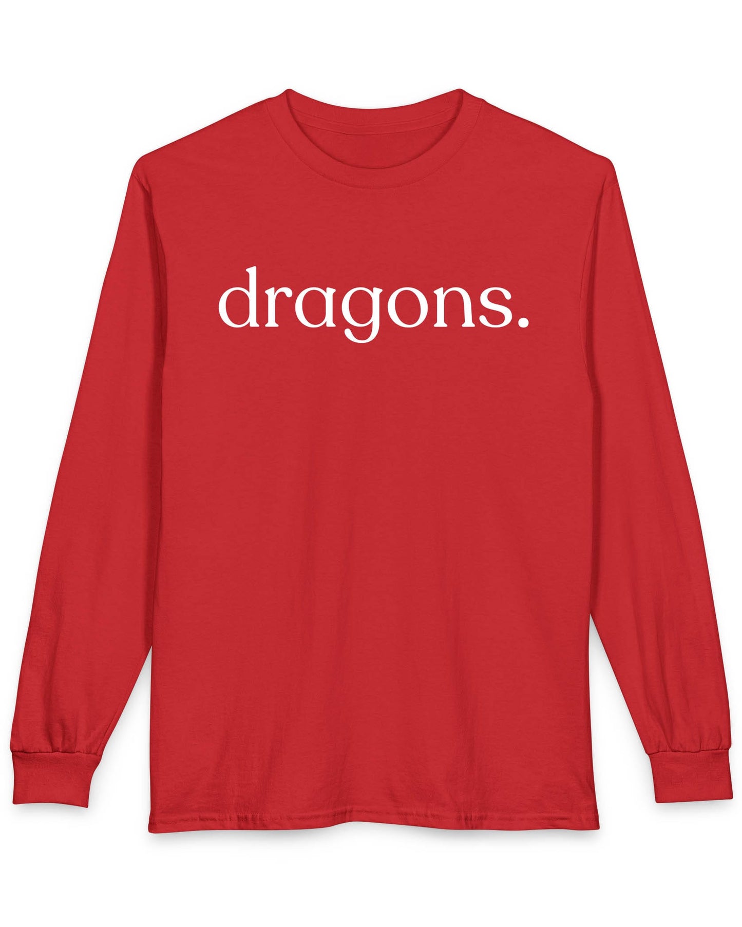 “dragons.” shirt in red featuring minimalist lowercase text with a period in a clean serif font
