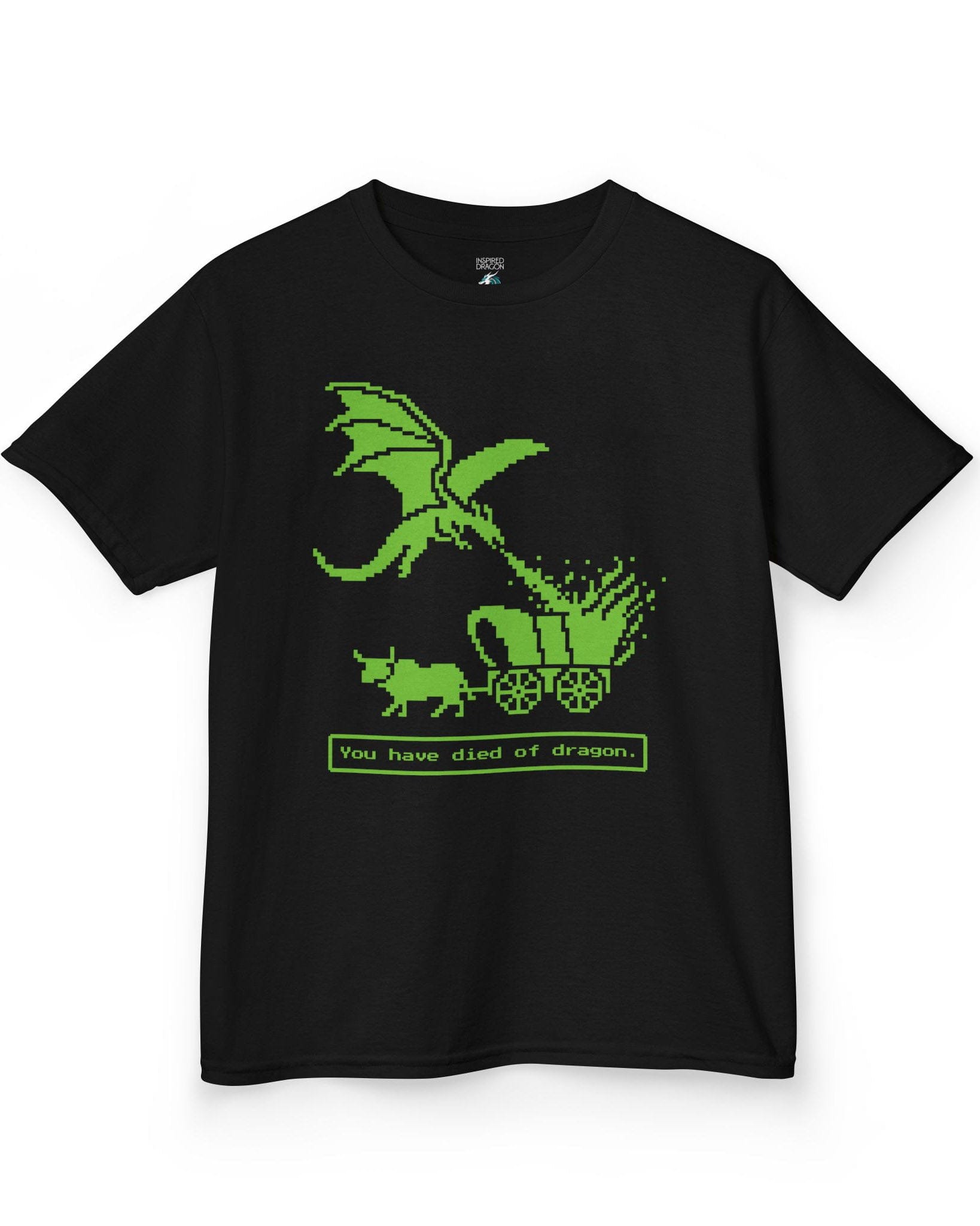You Have Died of Dragon shirt in black featuring a green pixel art dragon attacking a wagon with retro game text.