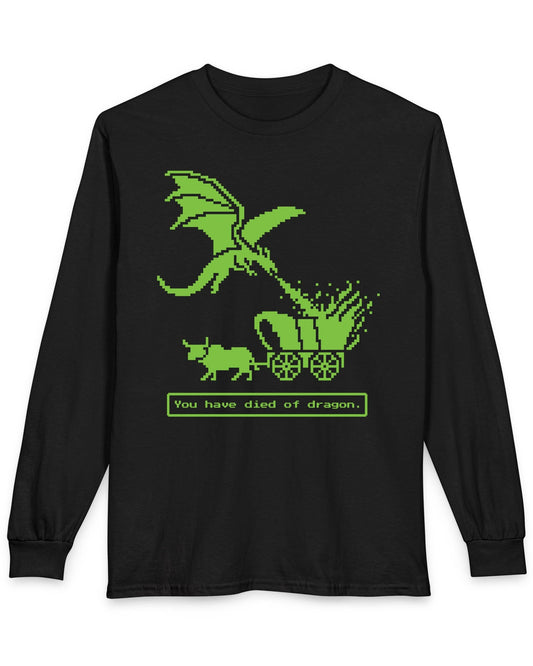 You Have Died of Dragon shirt in black featuring a green pixel art dragon attacking a wagon with retro game text.