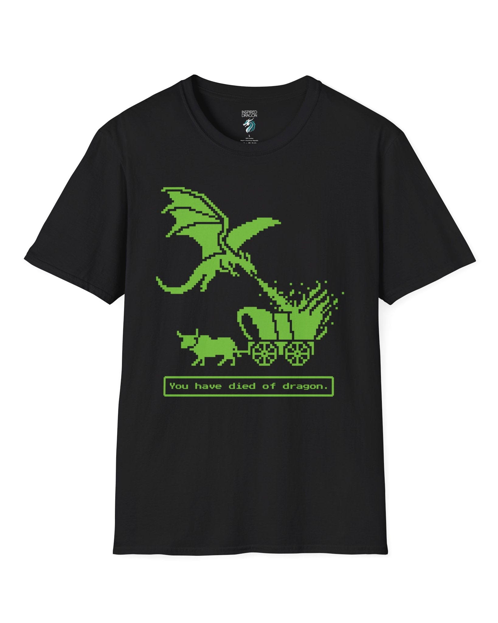 You Have Died of Dragon shirt in black featuring a green pixel art dragon attacking a wagon with retro game text.
