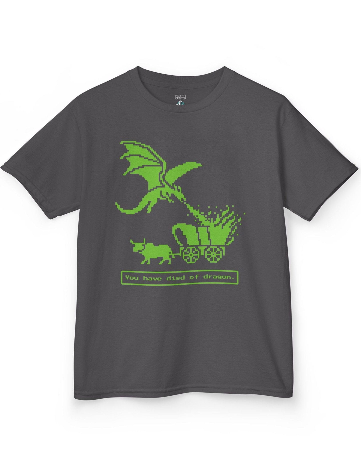 You Have Died of Dragon shirt in charcoal featuring a green pixel art dragon attacking a wagon with retro game text.