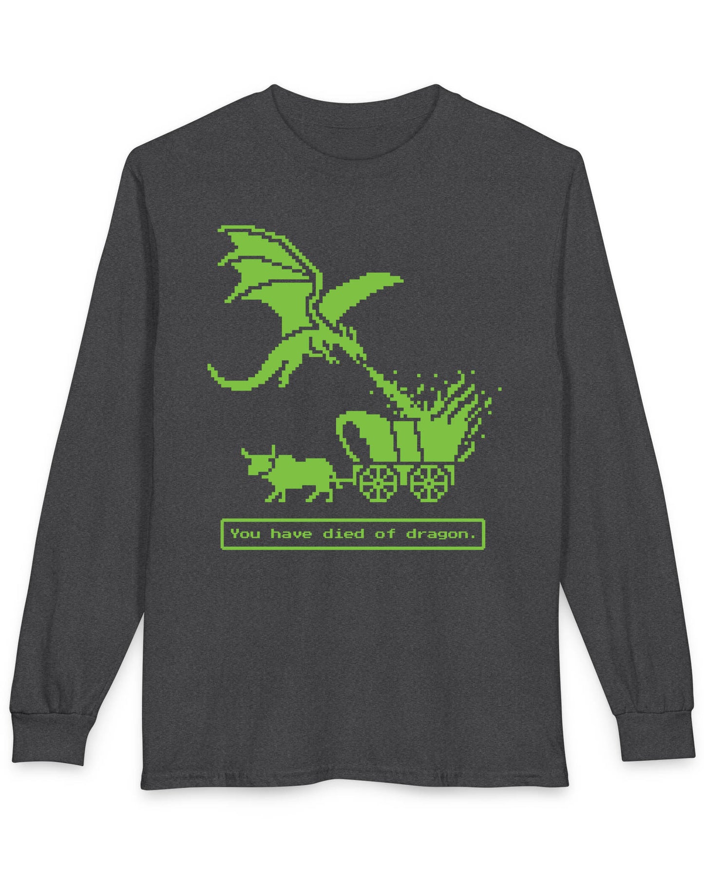 You Have Died of Dragon shirt in dark heather grey featuring a green pixel art dragon attacking a wagon with retro game text.