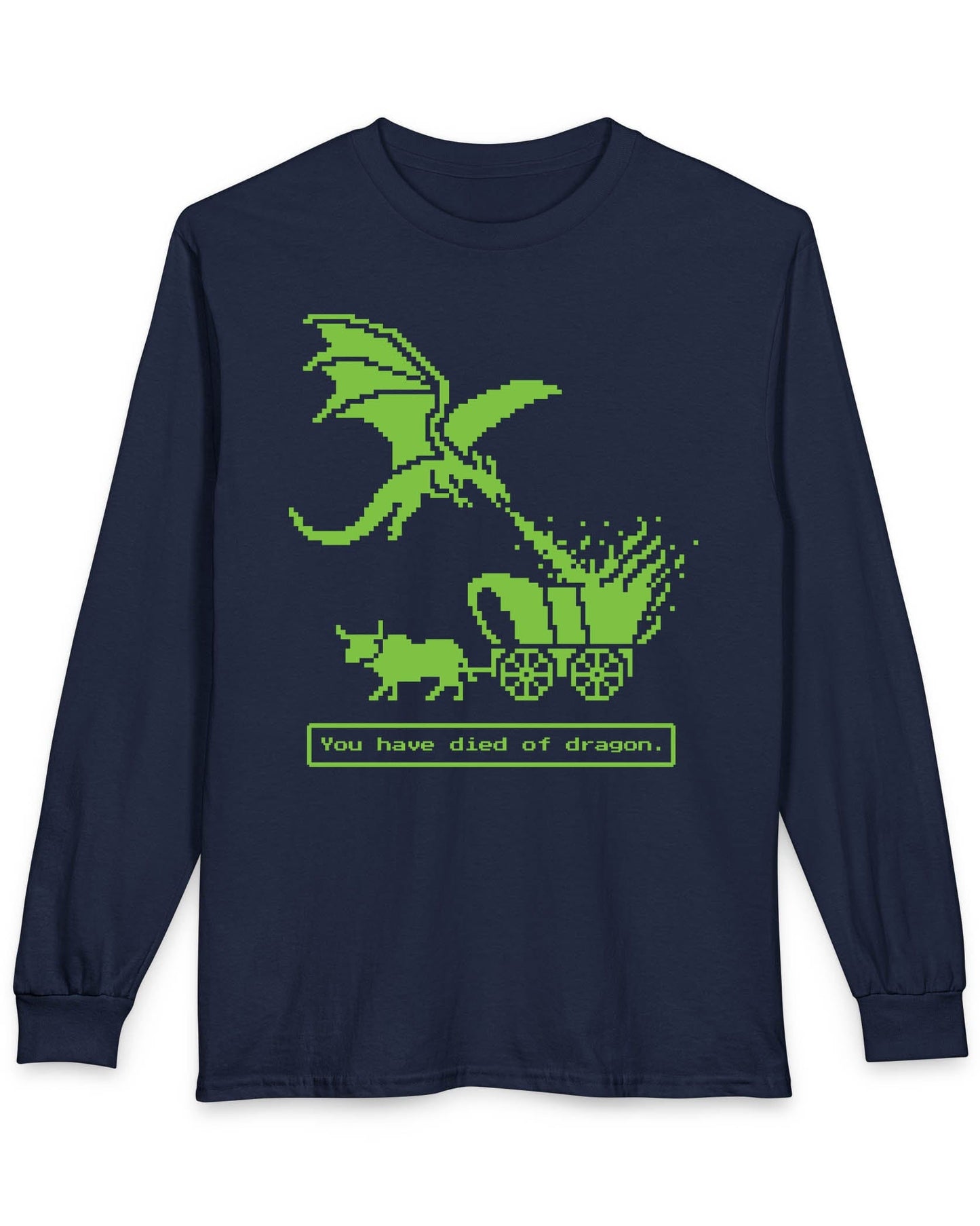 You Have Died of Dragon shirt in navy featuring a green pixel art dragon attacking a wagon with retro game text.