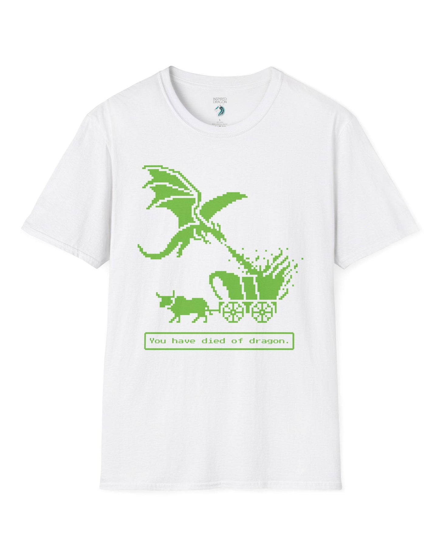 You Have Died of Dragon shirt in white featuring a green pixel art dragon attacking a wagon with retro game text.
