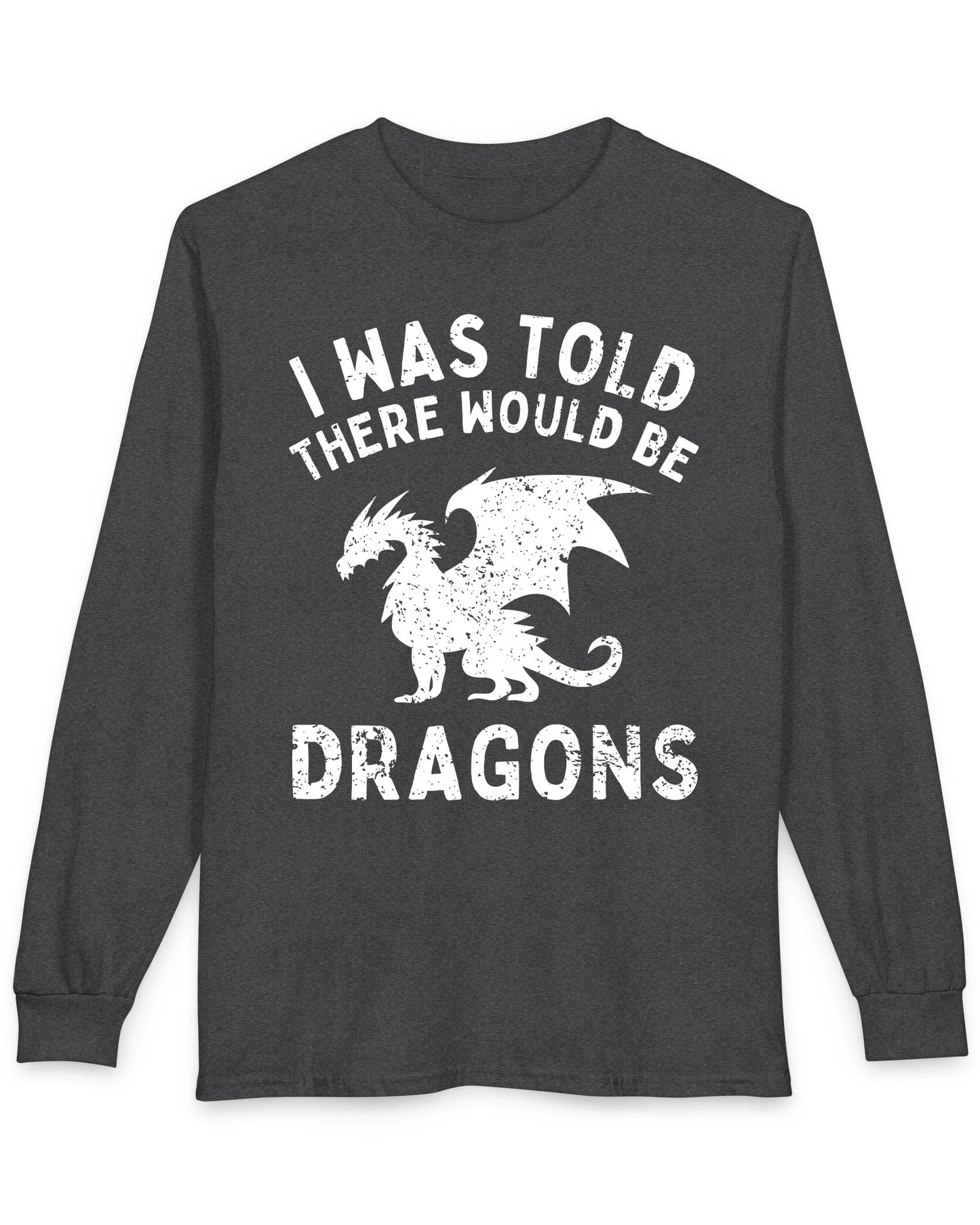 I Was Told There Would Be Dragons shirt in dark heather grey, featuring distressed text and a bold dragon silhouette.