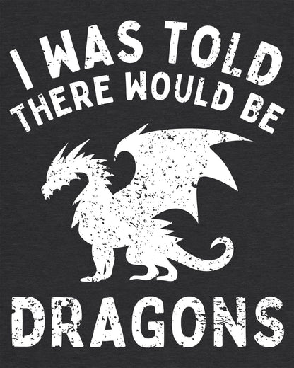 I Was Told There Would Be Dragons shirt in dark heather grey, featuring distressed text and a bold dragon silhouette.