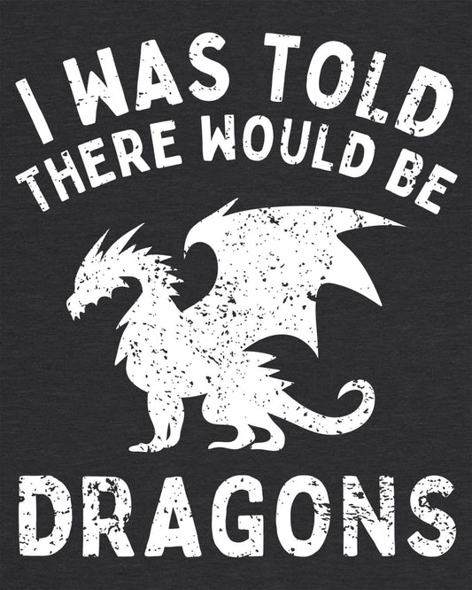 I Was Told There Would Be Dragons shirt in dark heather grey, featuring distressed text and a bold dragon silhouette.