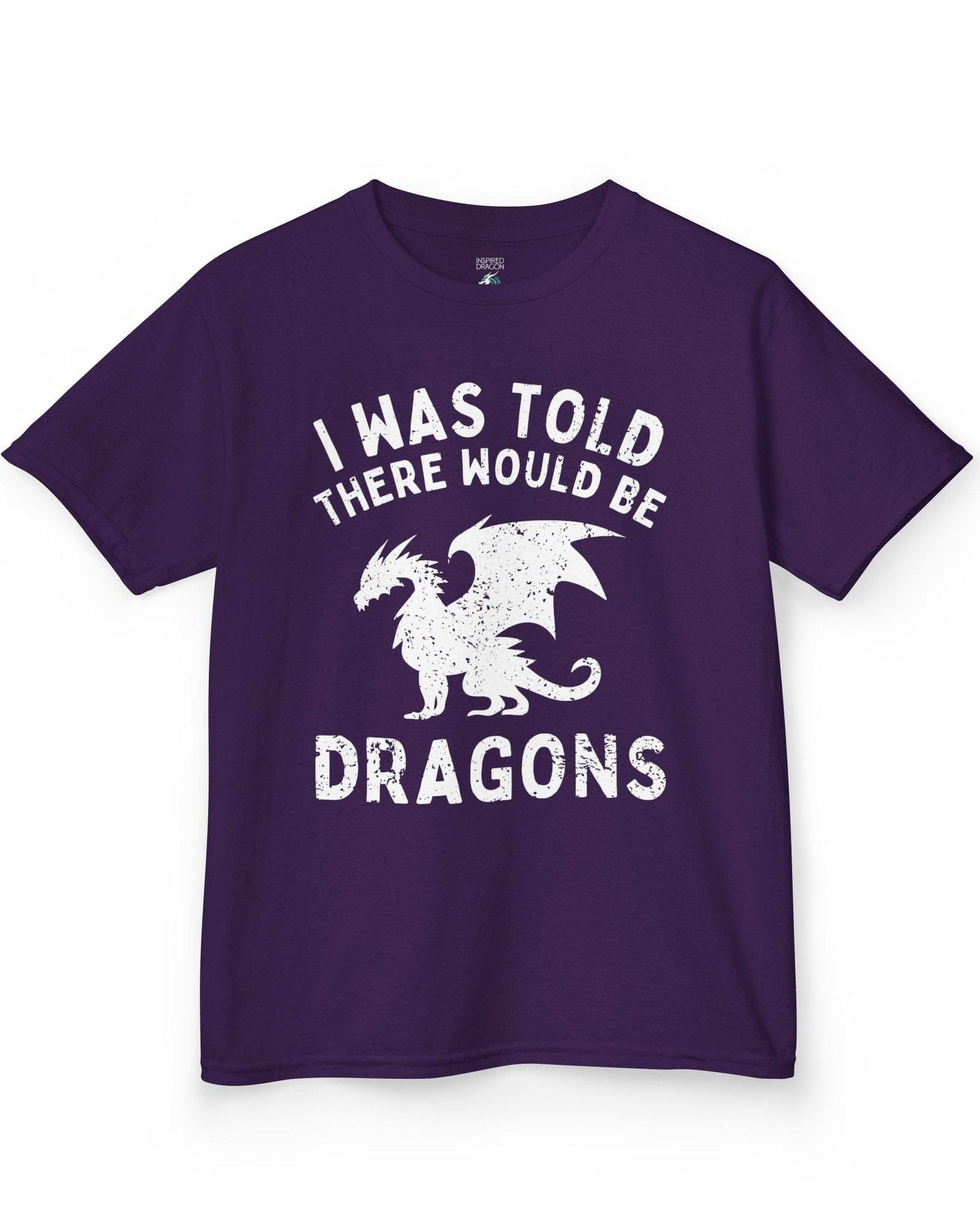 I Was Told There Would Be Dragons shirt in purple, featuring distressed text and a bold dragon silhouette.