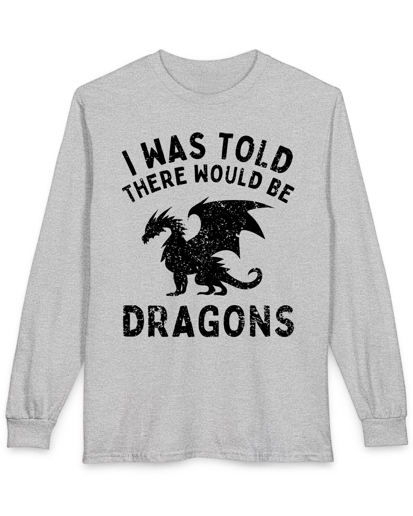 I Was Told There Would Be Dragons shirt in sport grey, featuring distressed text and a bold dragon silhouette.
