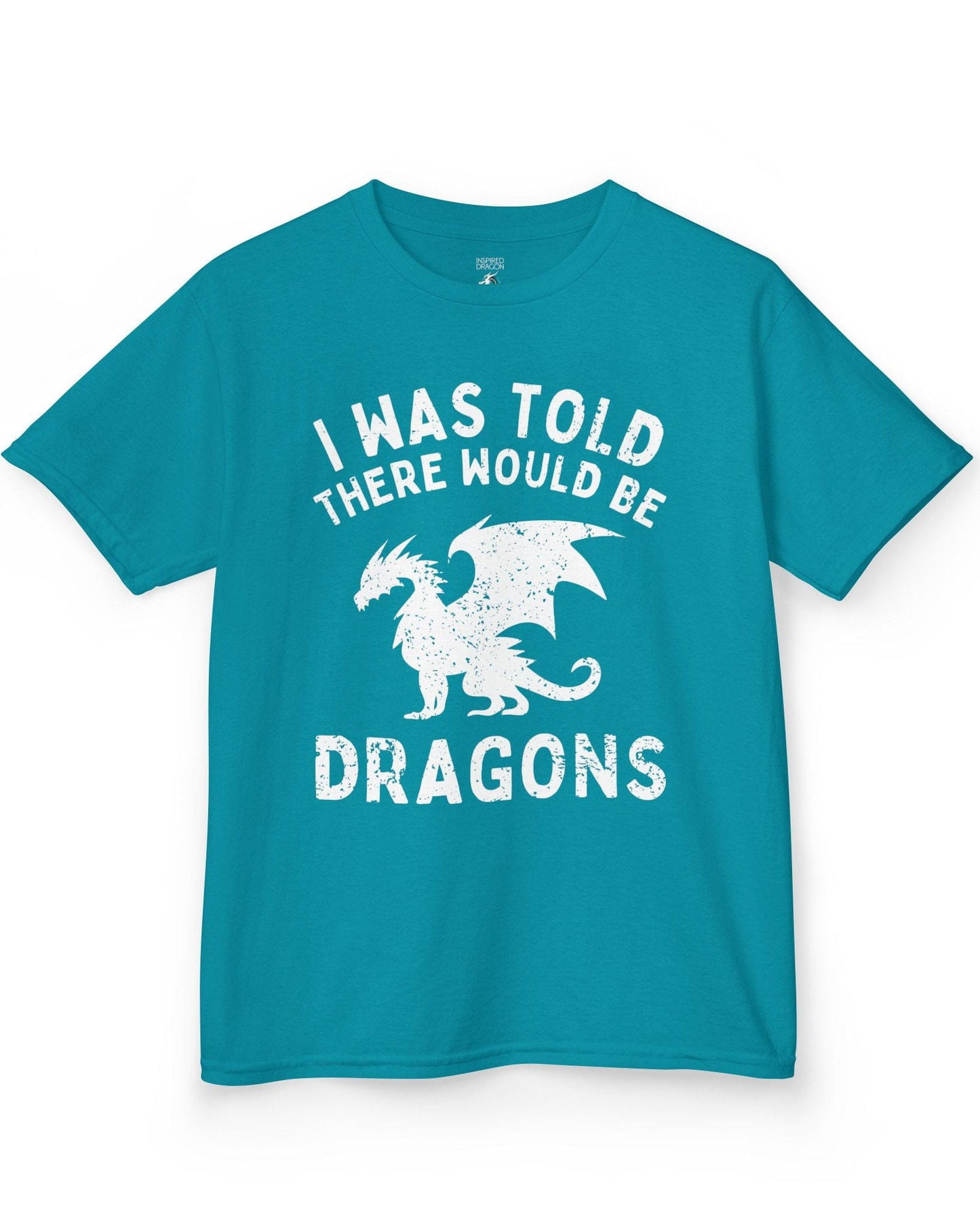 I Was Told There Would Be Dragons shirt in tropical blue, featuring distressed text and a bold dragon silhouette.