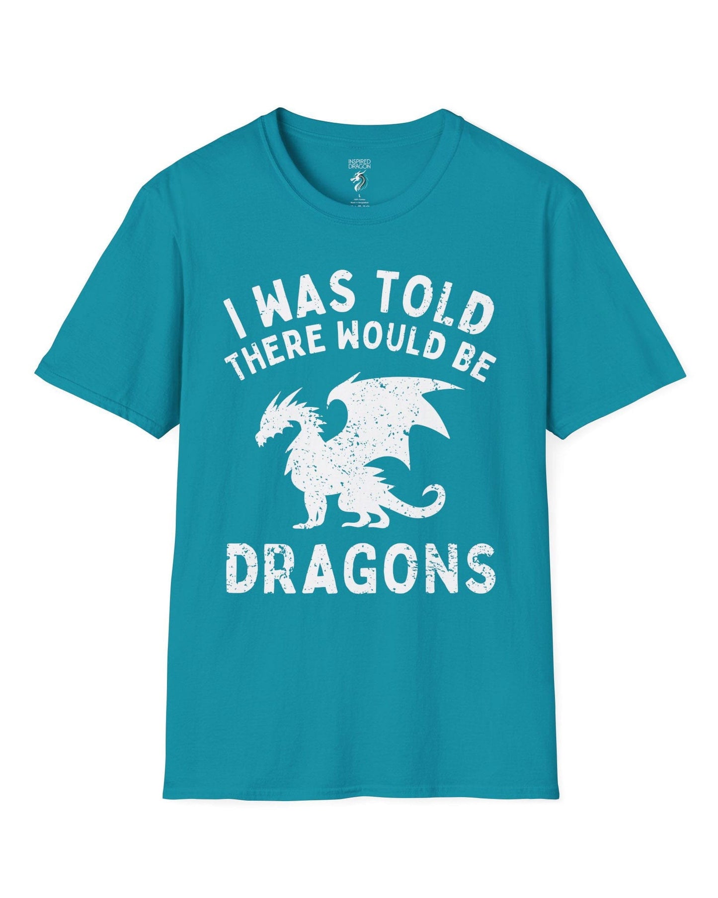 I Was Told There Would Be Dragons shirt in tropical blue, featuring distressed text and a bold dragon silhouette.
