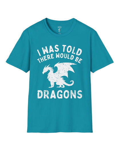 I Was Told There Would Be Dragons shirt in tropical blue, featuring distressed text and a bold dragon silhouette.